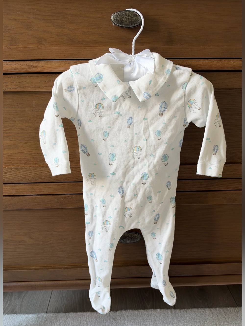 White Baby Footie with Blue & Mint Hot Air Balloon Print
